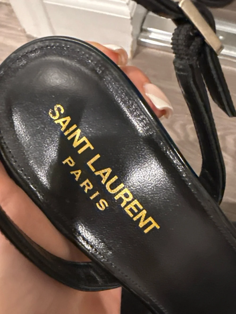 Saint Laurent Black Patent Leather YSL Logo Heel Sandals